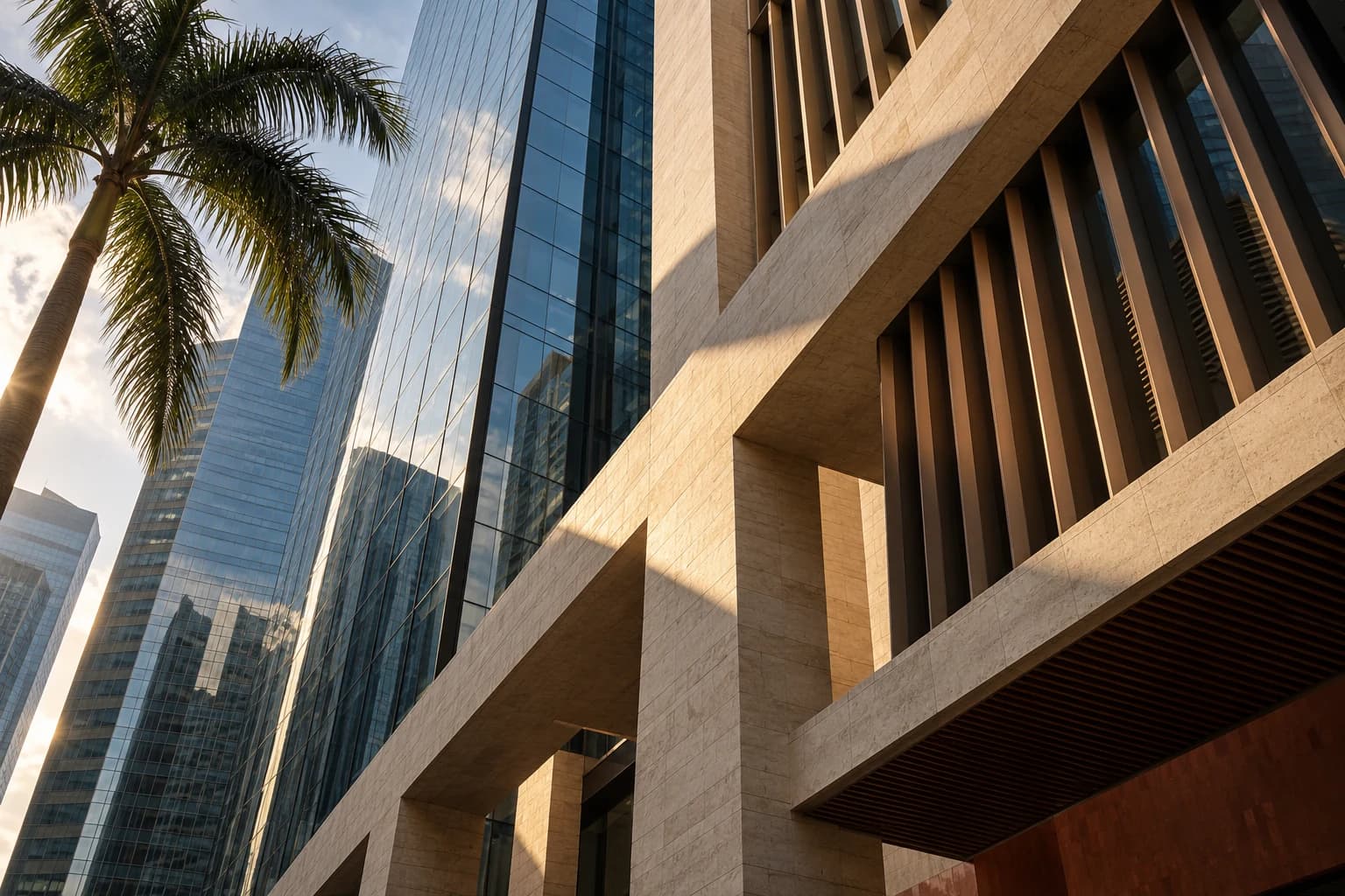 Architectural brand illustration of sunlit stone and glass, framed by a tropical palm
