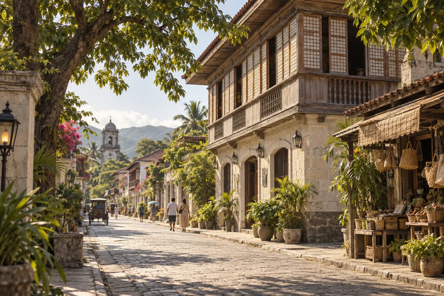 Illustrative Philippine town street with traditional architecture and everyday local enterprise